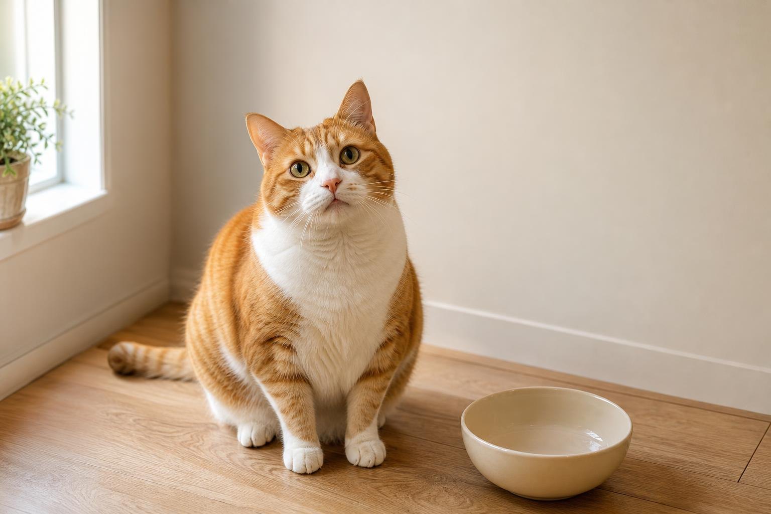 A round ginger and white cat sits beside an empty food bowl, looking up.